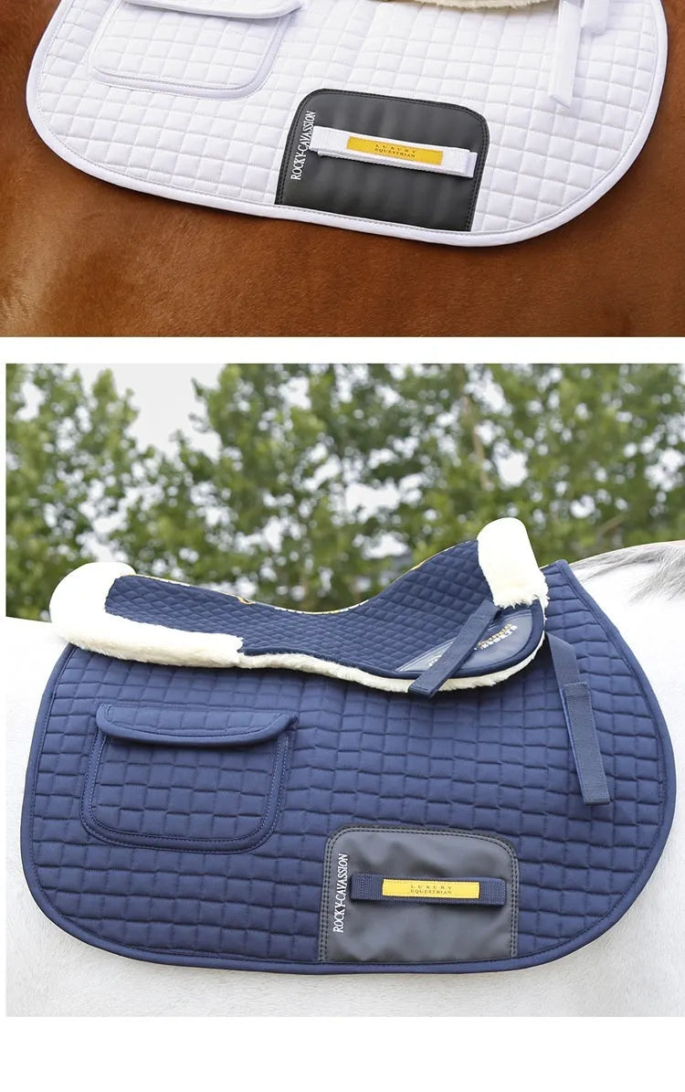 Riding saddle balance wool pad with memory foam core in black, navy, white, or wine red.
