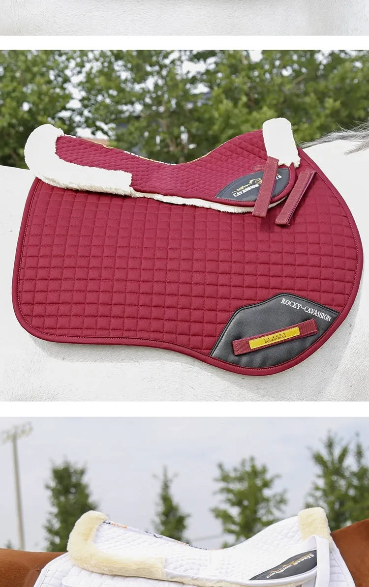 Riding saddle balance wool pad with memory foam core in black, navy, white, or wine red.