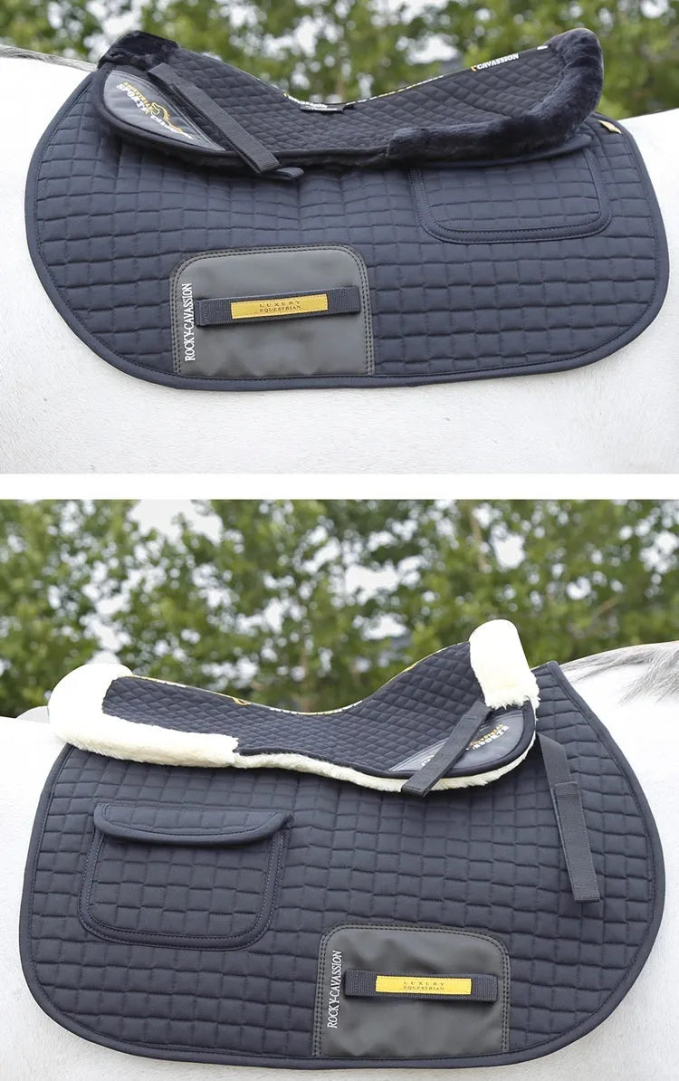 Riding saddle balance wool pad with memory foam core in black, navy, white, or wine red.
