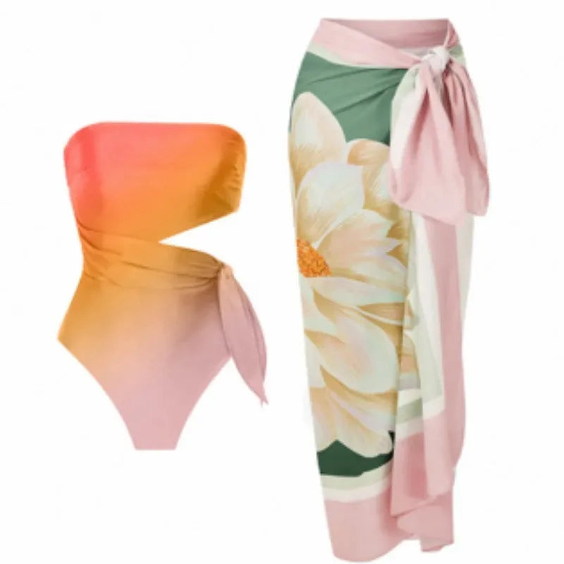 Women's French retro printed one-piece swimsuit in polyester fabric