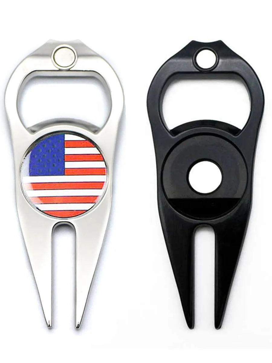 Zinc alloy golf ball yoke bottle opener tool showing black, green and silver colour options with coin