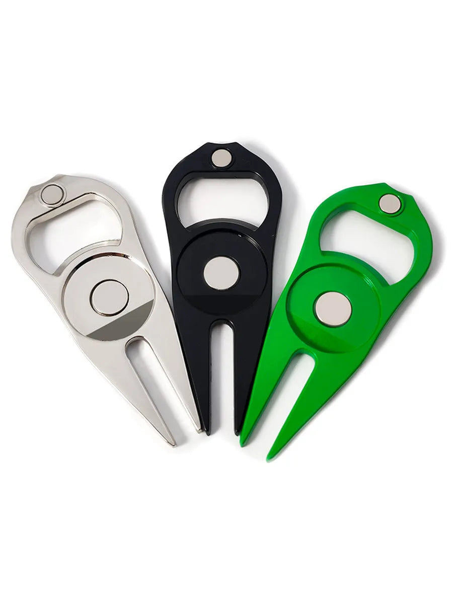 Zinc alloy golf ball yoke bottle opener tool showing black, green and silver colour options with coin