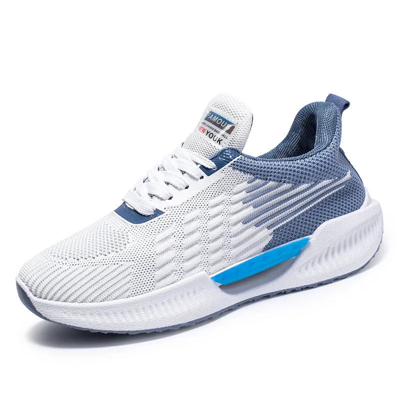 Men's blue casual sports shoes with cloth mesh upper and round toe design on a white background