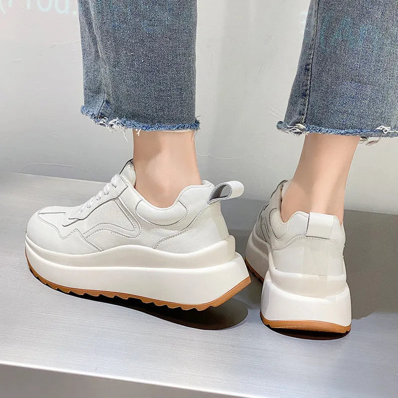 Women's beige cattlehide leather casual sports shoes with mesh lining and English muffin heel