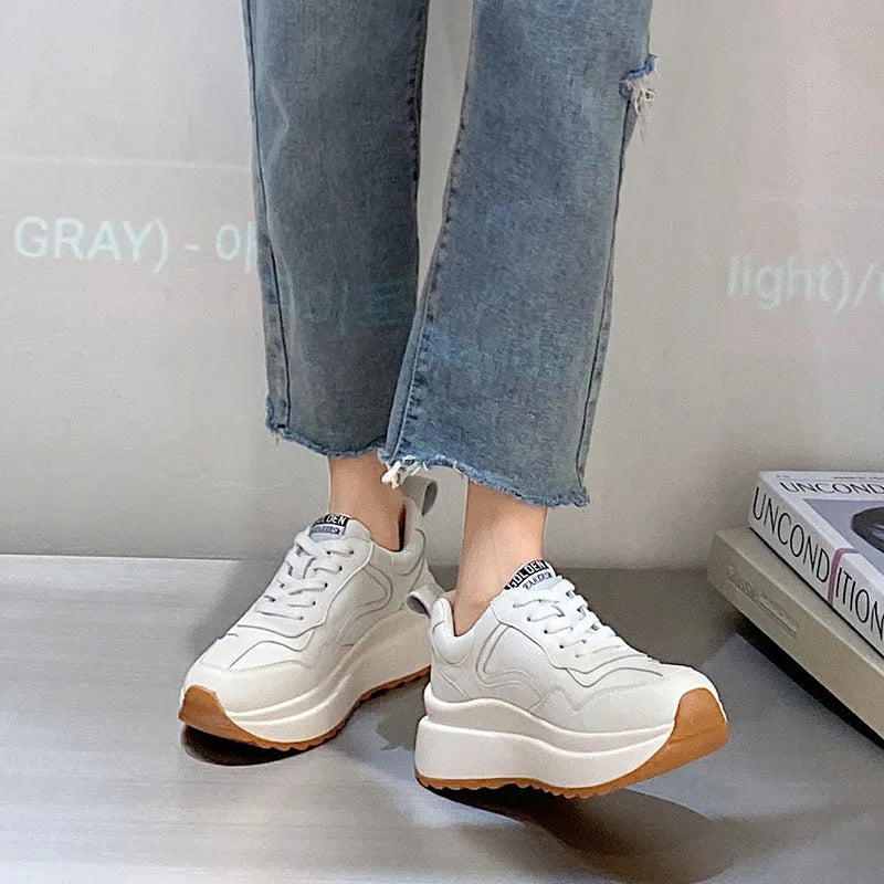 Women's beige cattlehide leather casual sports shoes with mesh lining and English muffin heel