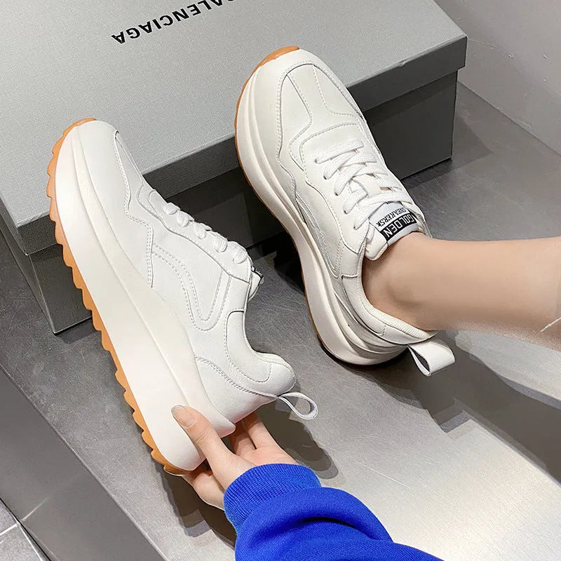 Women's beige cattlehide leather casual sports shoes with mesh lining and English muffin heel