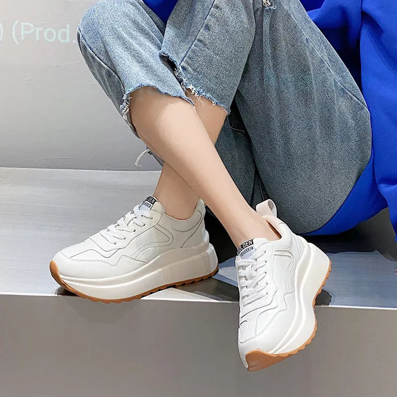 Women's beige cattlehide leather casual sports shoes with mesh lining and English muffin heel