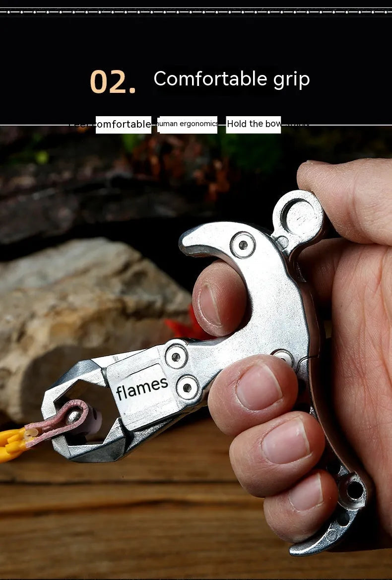 Zinc alloy archery release aid with a two-axis harpoon clip on a white background