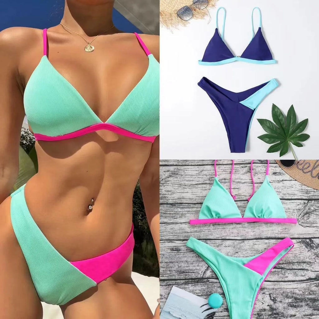 Women's two-piece swimsuit set with briefs-style panties and matching bra in pattern design