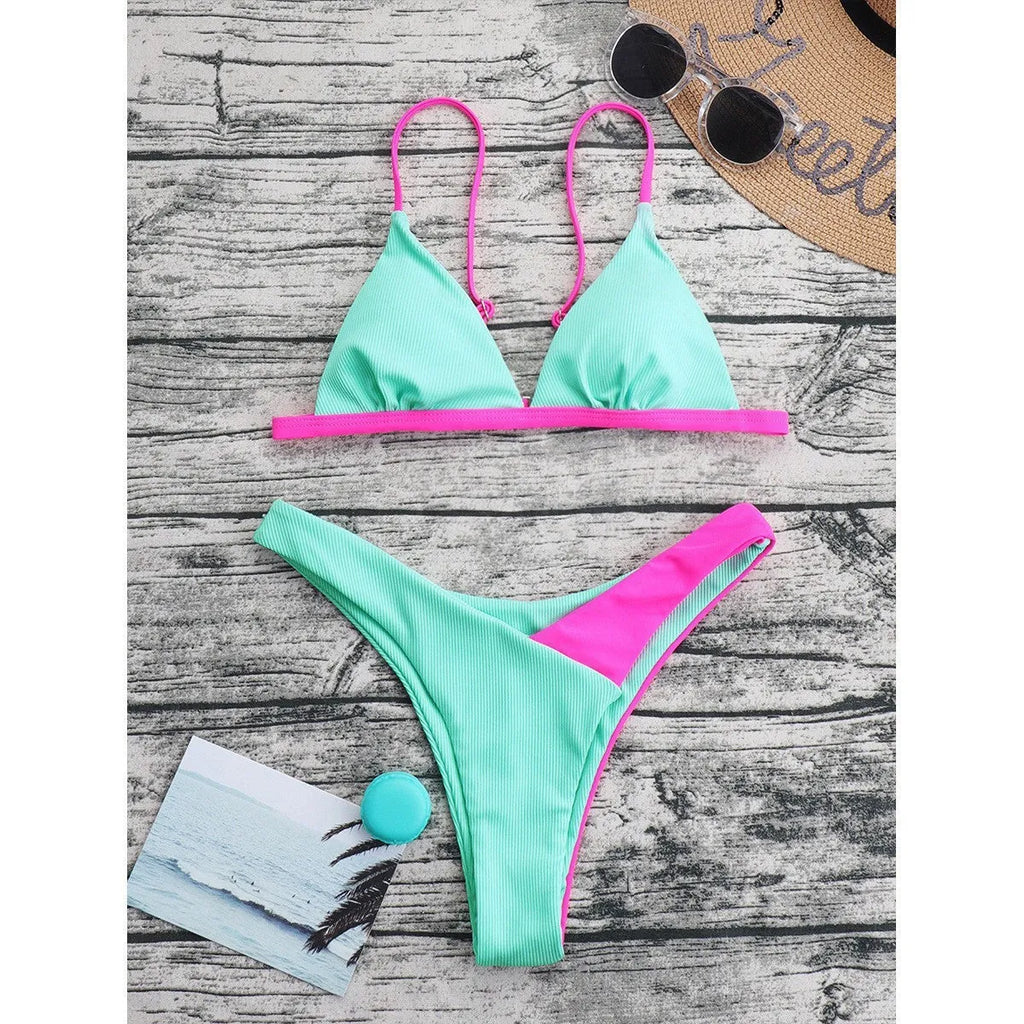 Women's two-piece swimsuit set with briefs-style panties and matching bra in pattern design