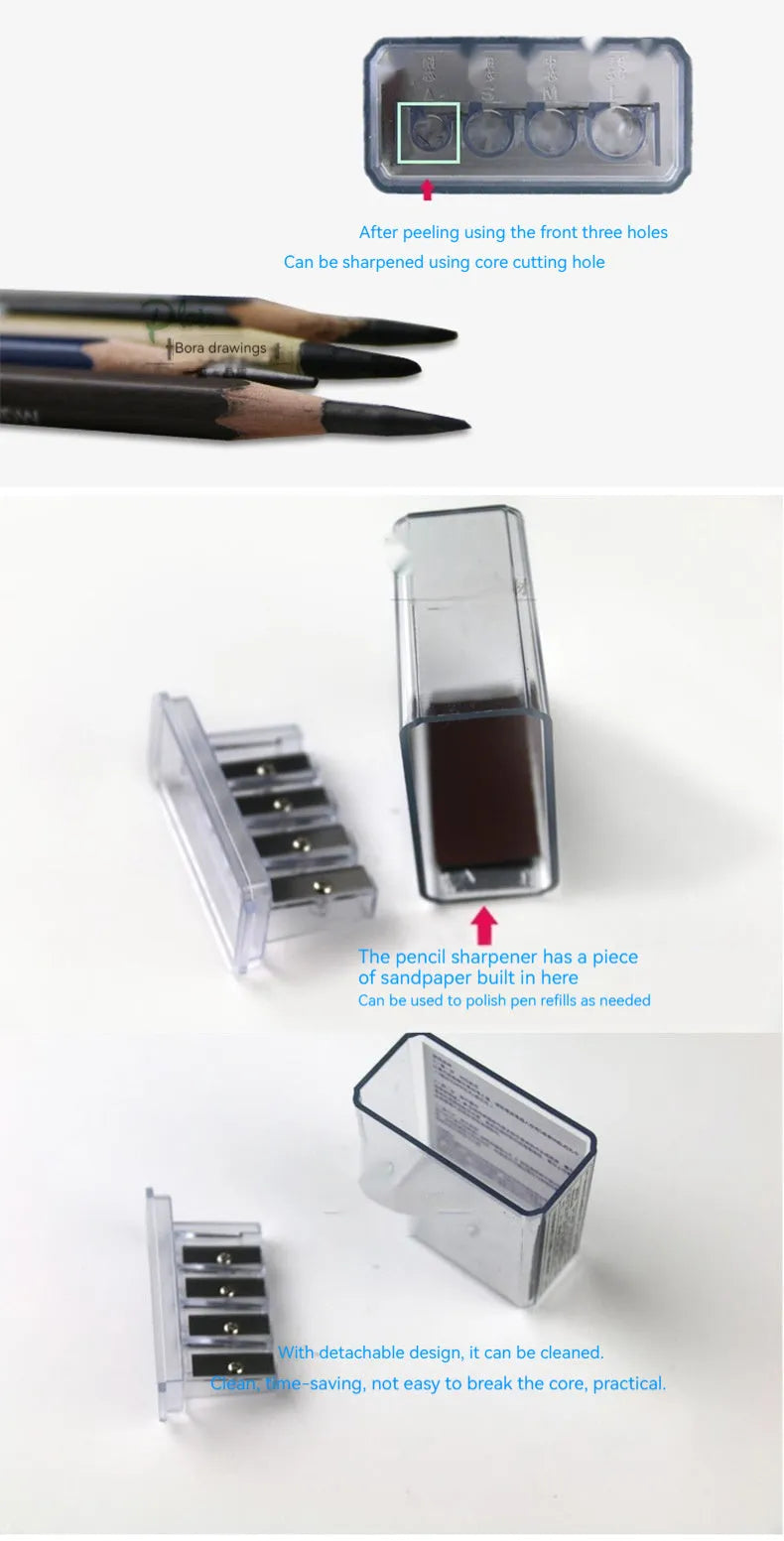 Geometric four-hole plastic pencil sharpener with colourful design for art and writing pencils