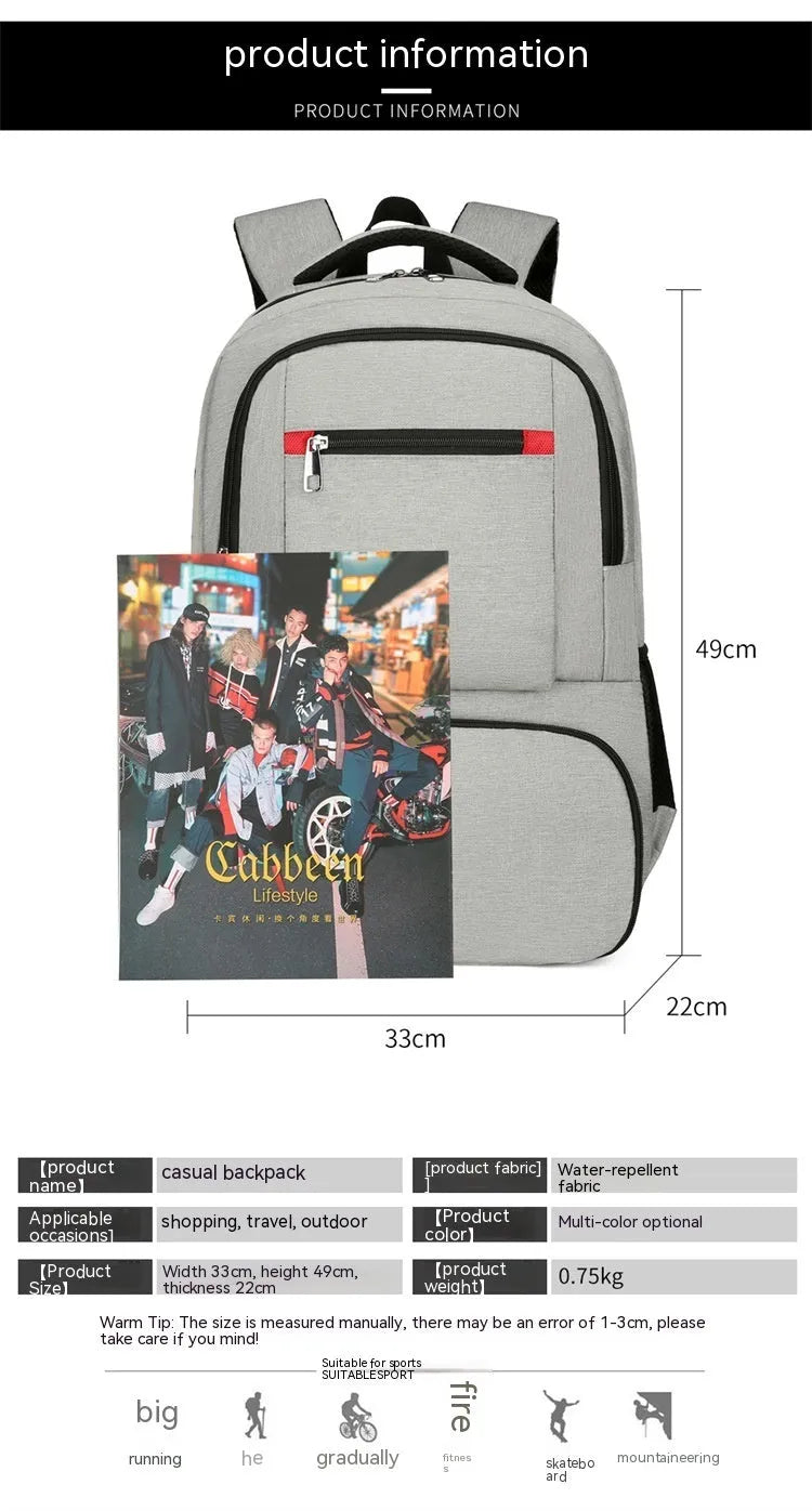 Light grey Oxford cloth insulated backpack with curved shoulder straps and pull rod belt