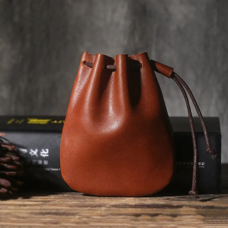 Vintage cowhide drawstring bundle wallet in genuine leather with sewing thread detail