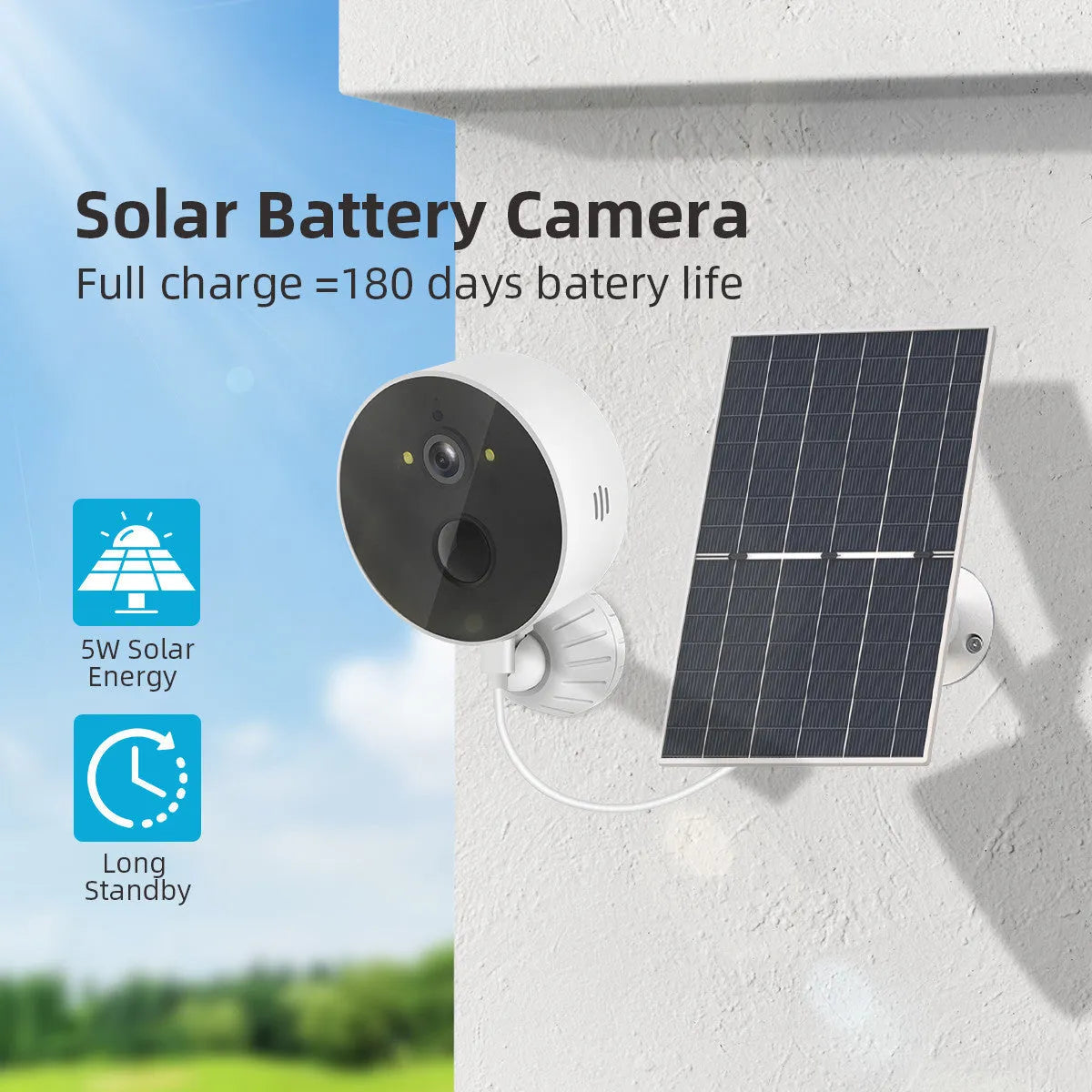 Solar-powered outdoor security camera with solar panel for garden monitoring