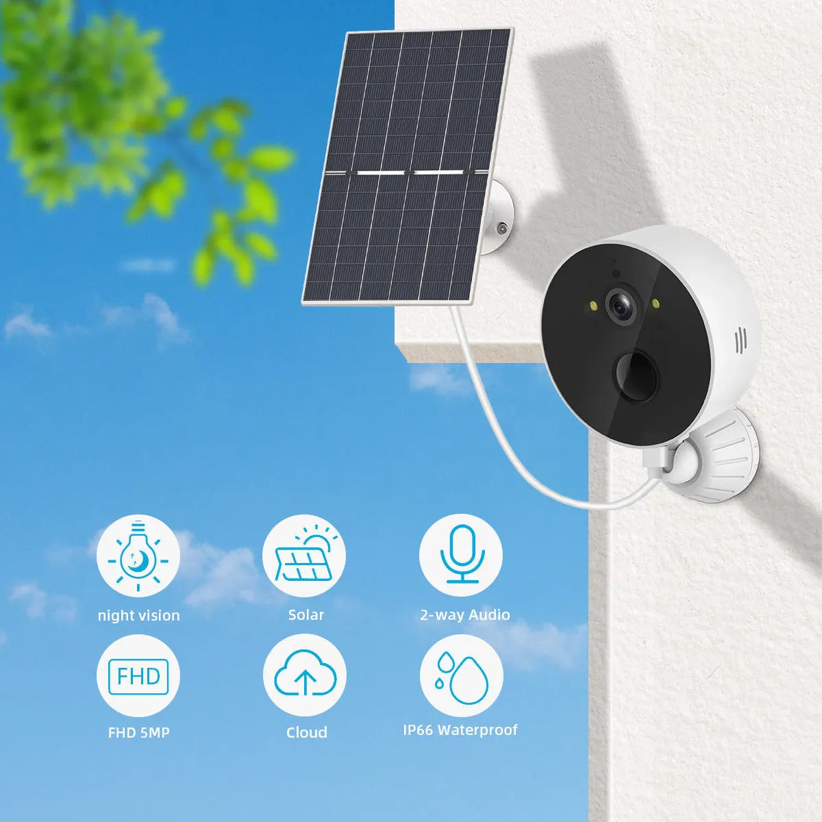 Solar-powered outdoor security camera with solar panel for garden monitoring