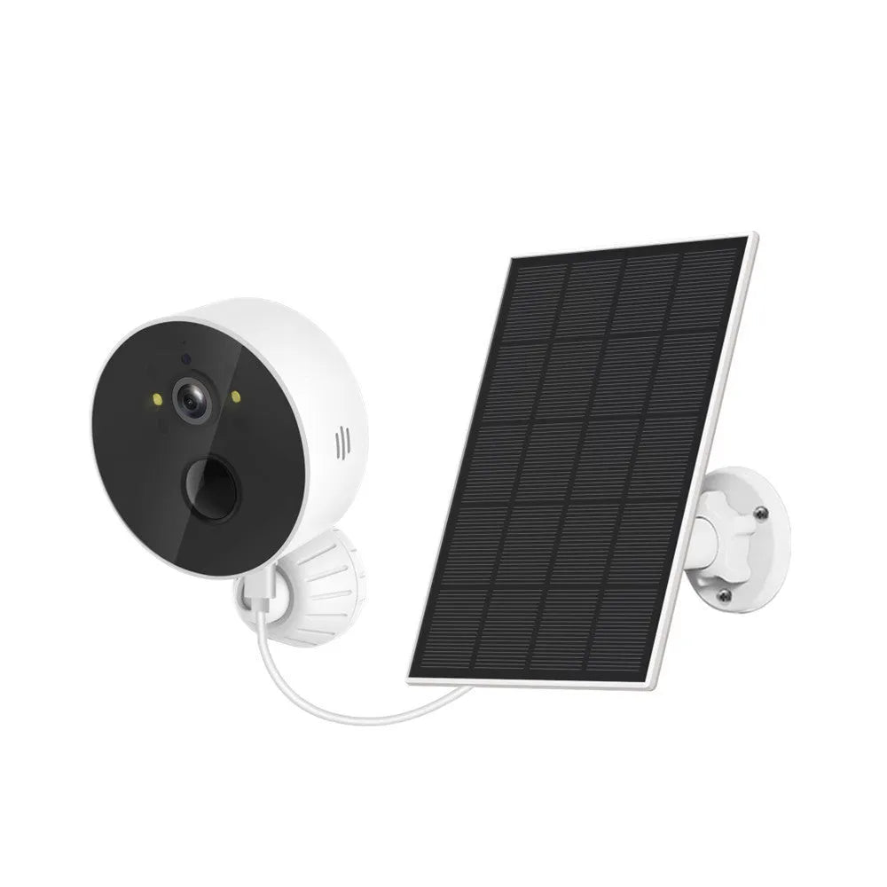 Solar-powered outdoor security camera with solar panel for garden monitoring