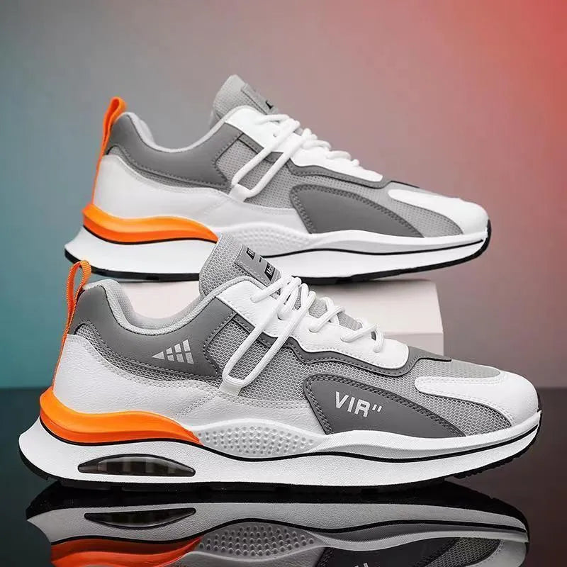 Men's grey and black mesh running shoes with a round toe and lightweight EVA sole on a white background.