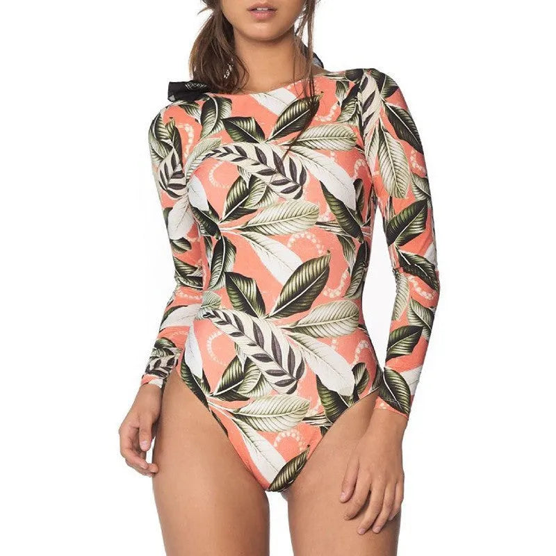 Women's backless one-piece swimsuit with leaf floral print pattern in polyester fabric