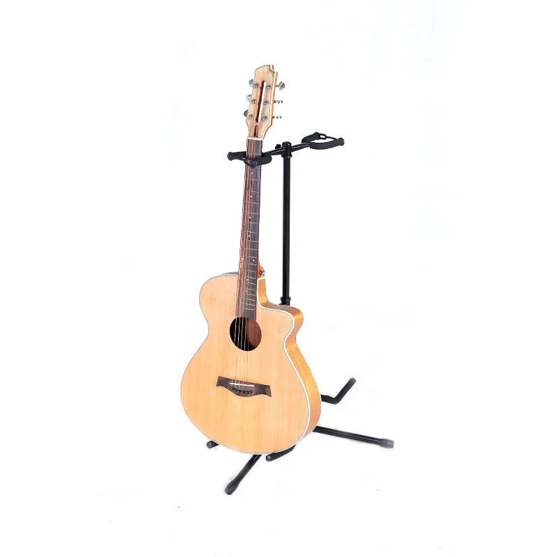 Black vertical double-headed adjustable guitar stand holding two instruments