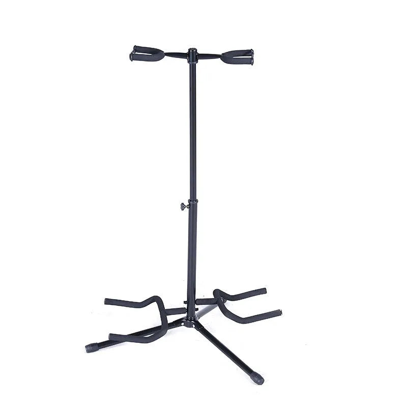 Black vertical double-headed adjustable guitar stand holding two instruments