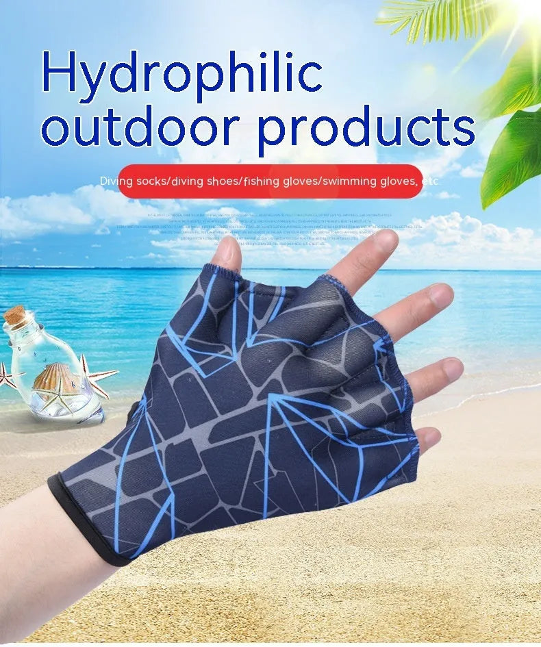 Nylon webbed duck feet swimming gloves in multiple colour prints with sizes S, M, L available