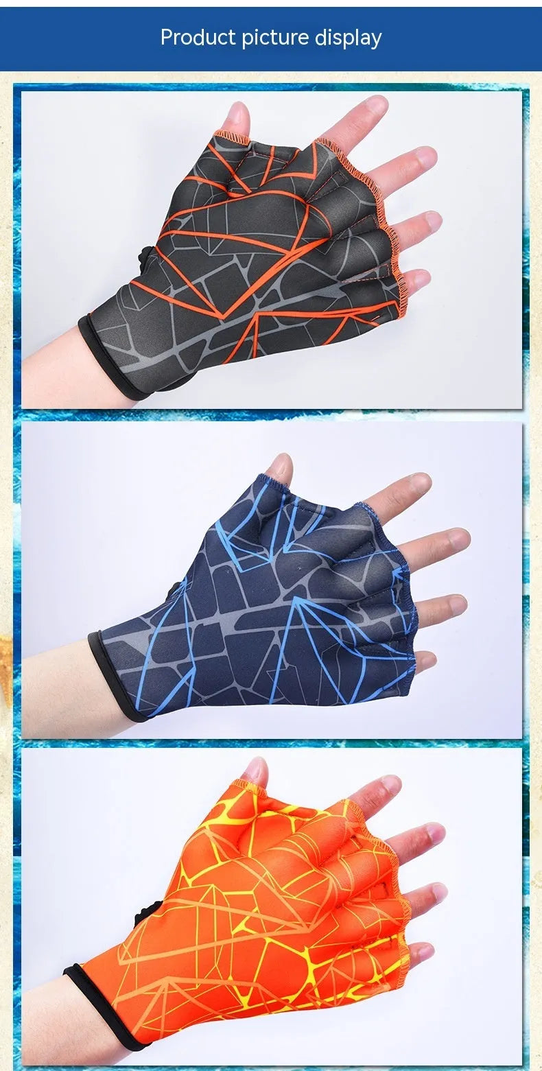 Nylon webbed duck feet swimming gloves in multiple colour prints with sizes S, M, L available