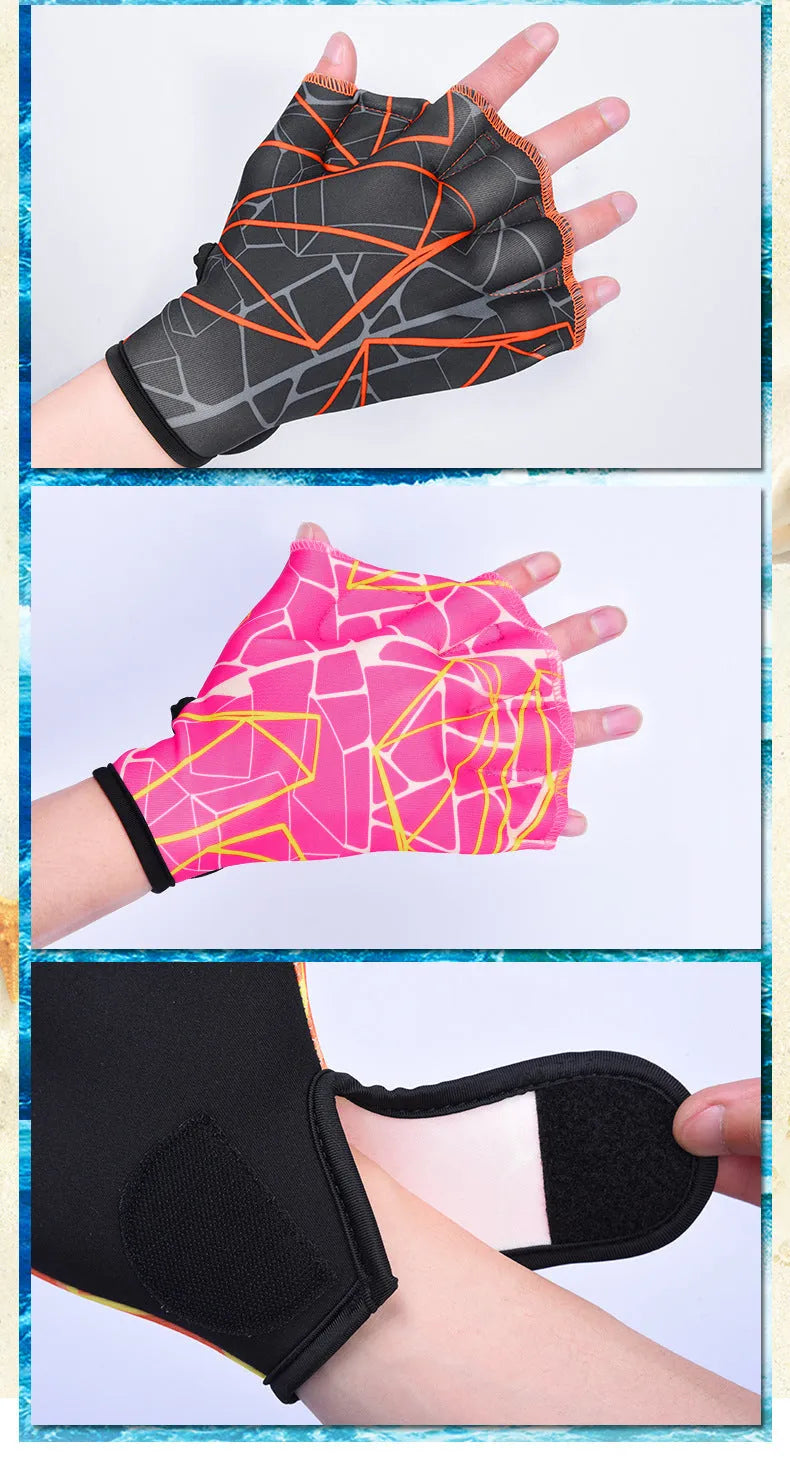 Nylon webbed duck feet swimming gloves in multiple colour prints with sizes S, M, L available