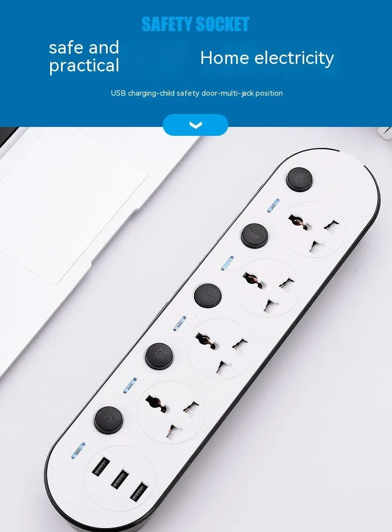 Multi-switch power strip with USB ports showing British, European and American plug formats