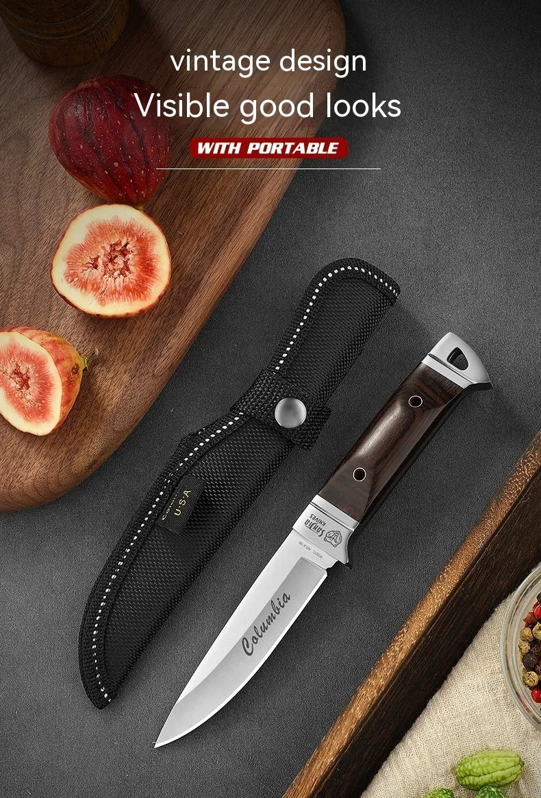 Stainless steel camping fruit knife with a leather protective case.