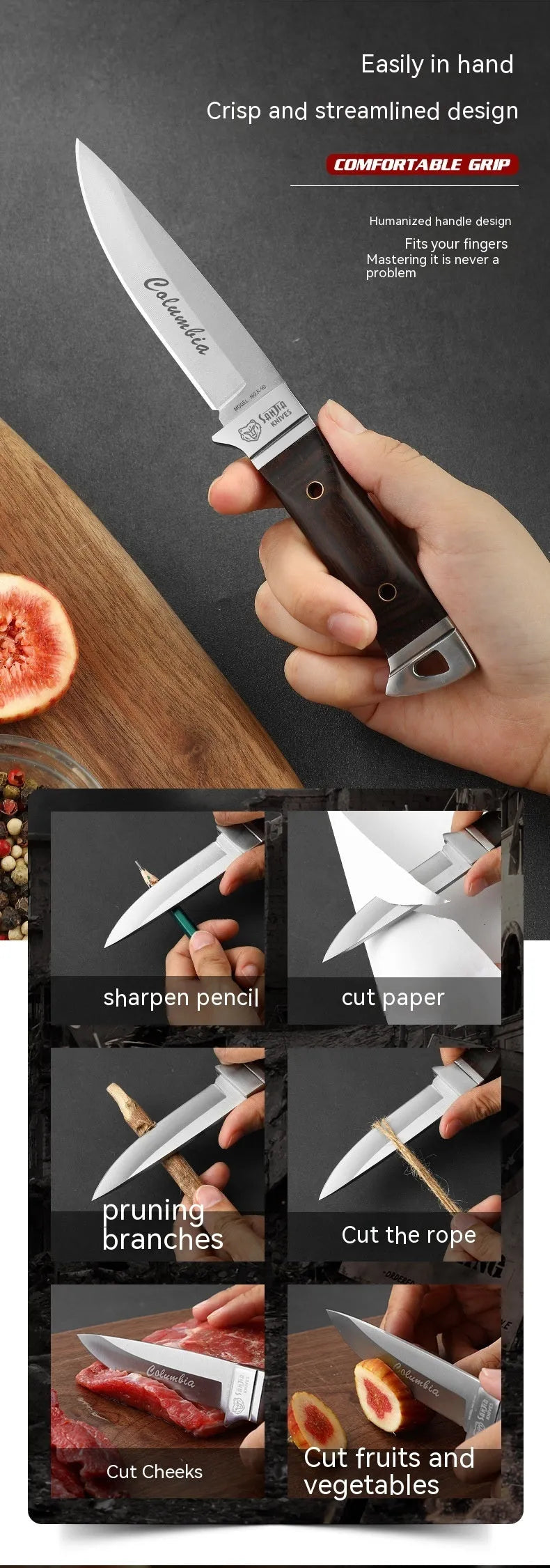 Stainless steel camping fruit knife with a leather protective case.