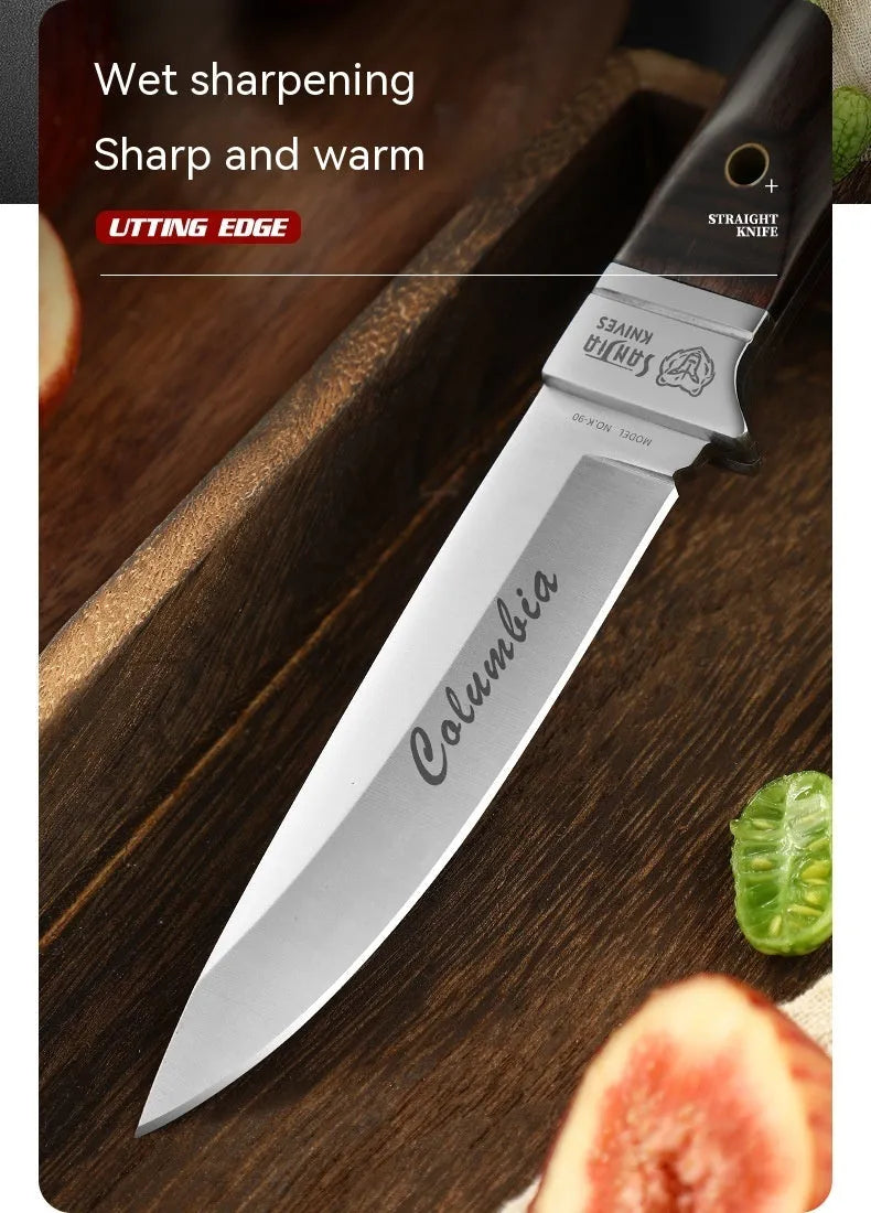 Stainless steel camping fruit knife with a leather protective case.