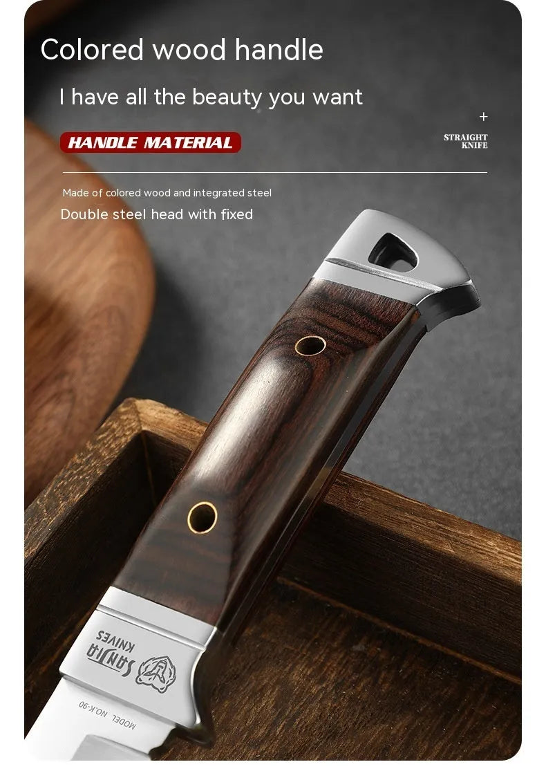 Stainless steel camping fruit knife with a leather protective case.