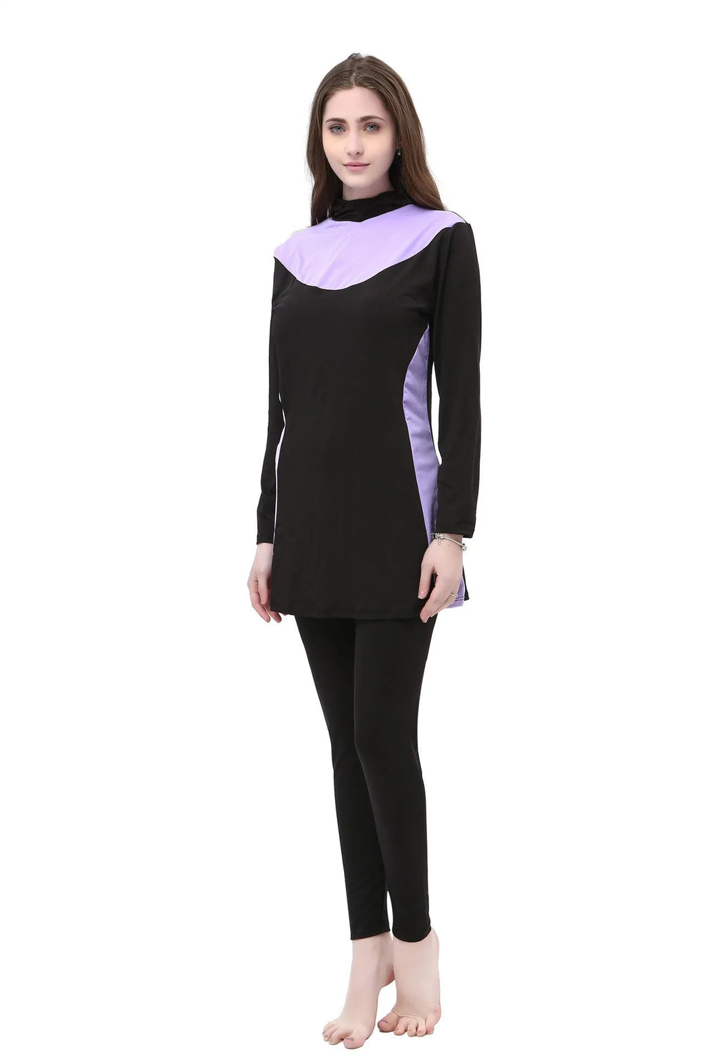 Conservative women's hooded swimsuit with long sleeves in black with rose red colour combination