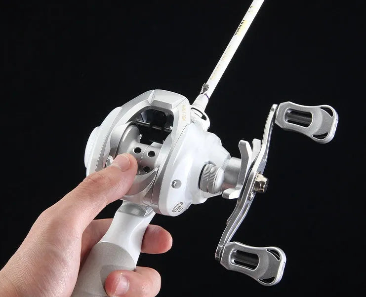 Small white micro bait casting fishing reel with drip wheel mechanism