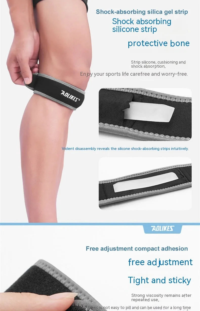 Black and grey elastic patella retinaculum knee support pad for sports.