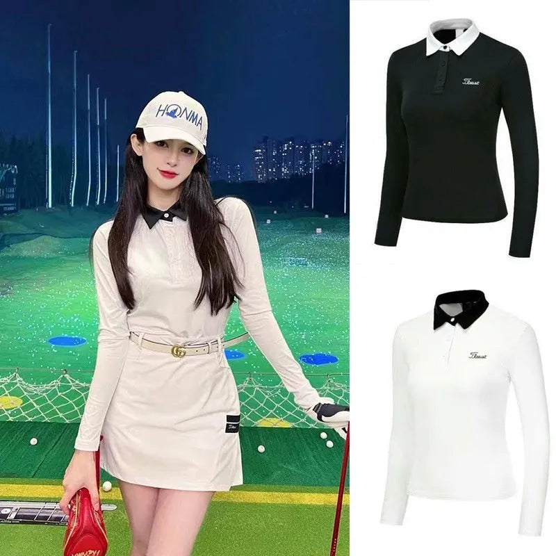 Women's slim fit long sleeve polyester golf top in white or black colour