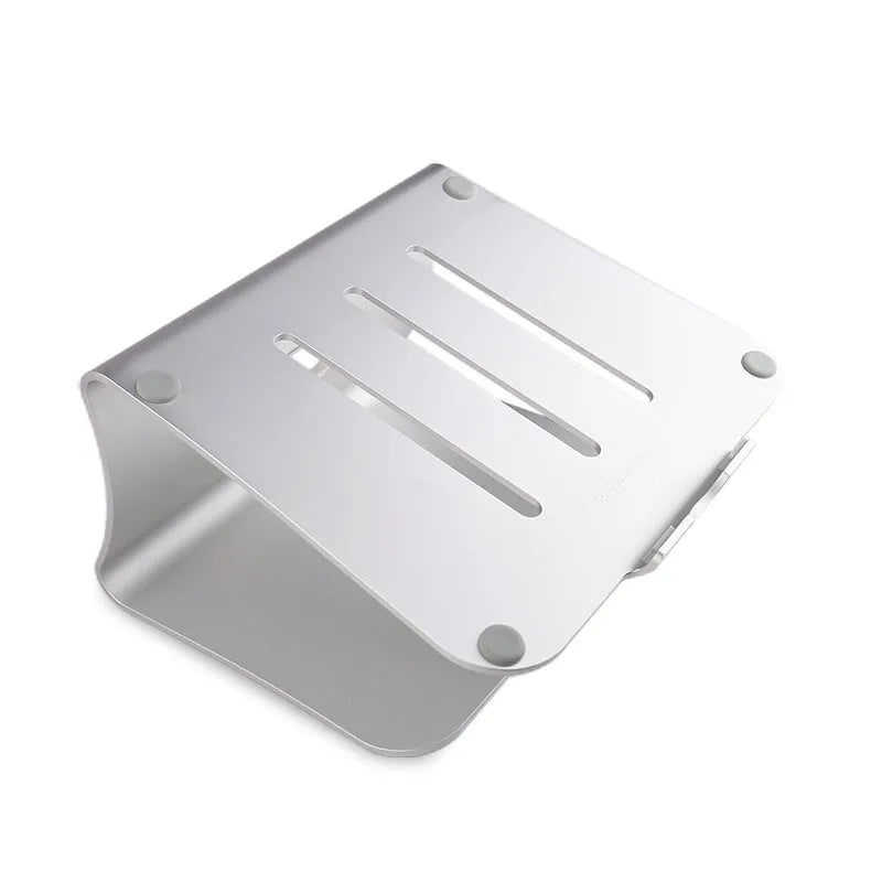 Aluminium alloy rotary laptop cooling stand with strip heat dissipation fins in grey or silver.