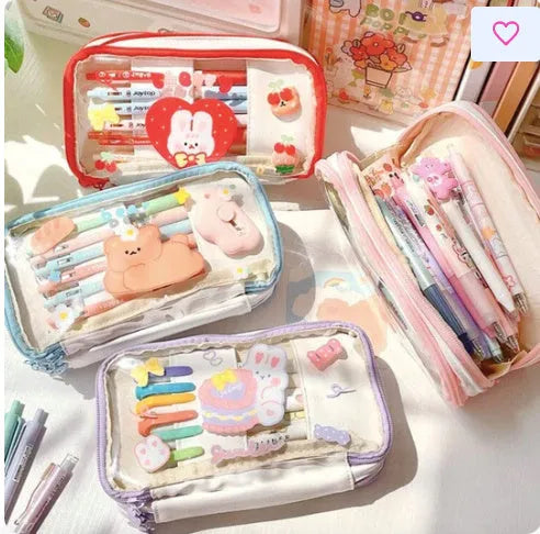 Transparent TPU pen case with heart design and rabbit cake pattern for stationery storage