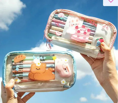 Transparent TPU pen case with heart design and rabbit cake pattern for stationery storage