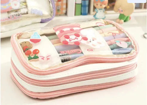 Transparent TPU pen case with heart design and rabbit cake pattern for stationery storage