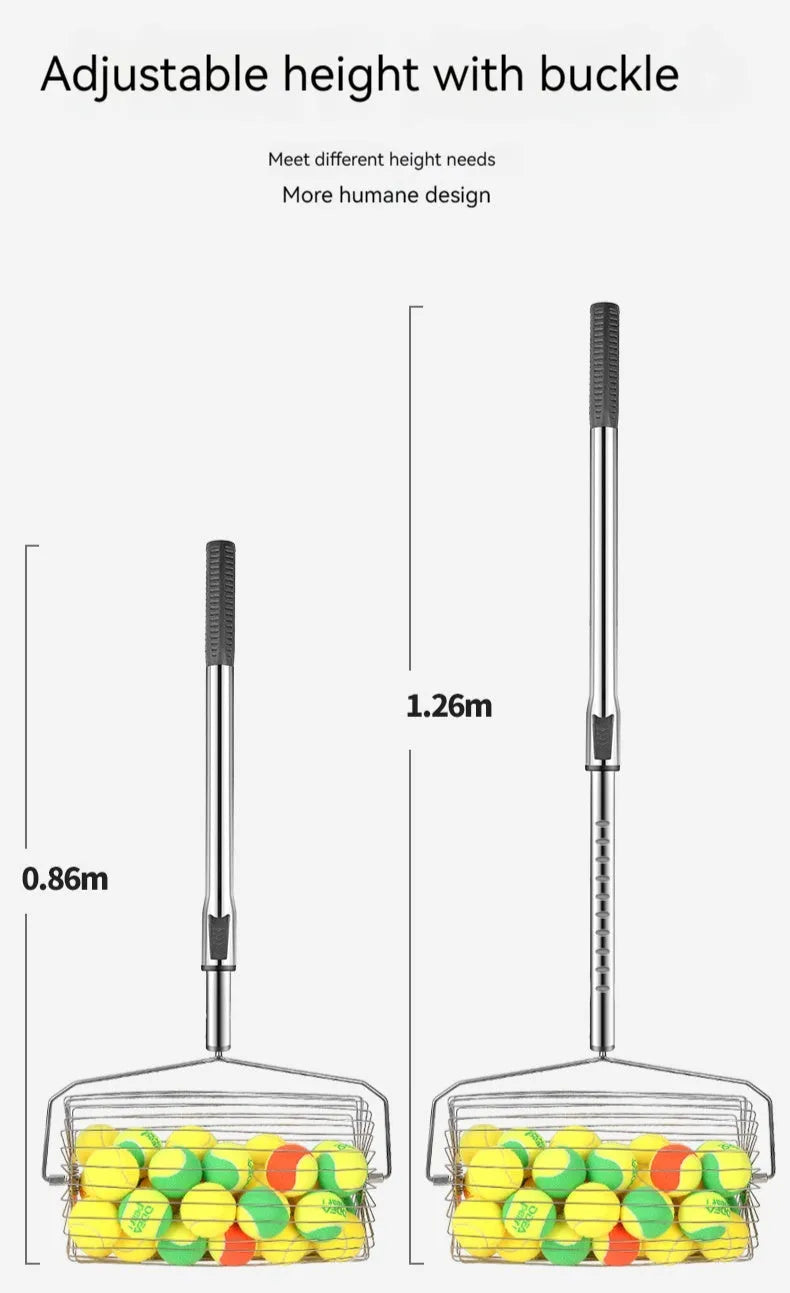 Stainless steel roller tennis ball picker with adjustable handle on a court.