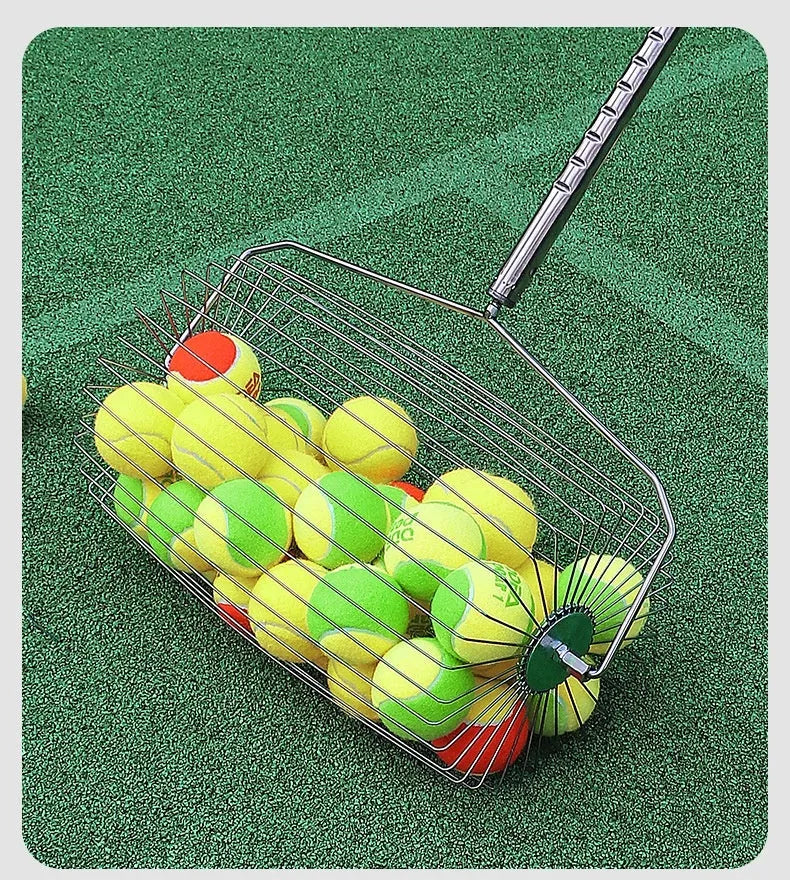 Stainless steel roller tennis ball picker with adjustable handle on a court.