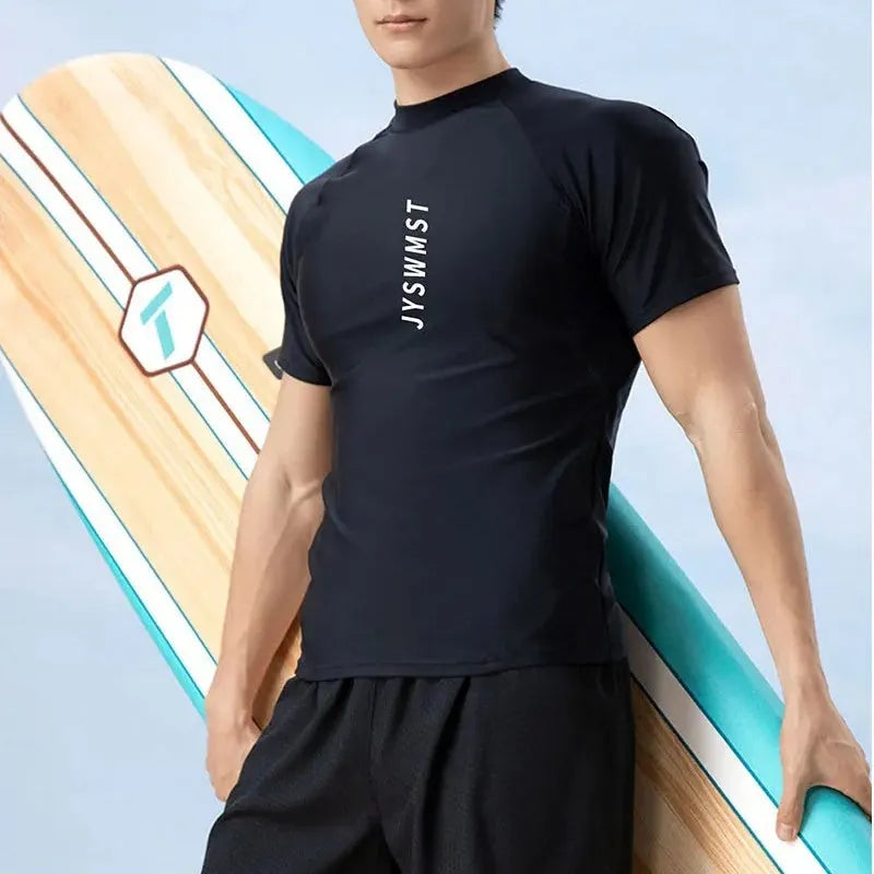 Men's two-piece polyester swim set showing short-sleeved swim top and matching trunks on a hanger.