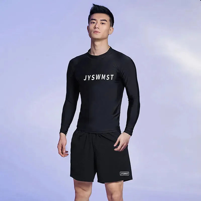 Men's two-piece polyester swim set showing short-sleeved swim top and matching trunks on a hanger.