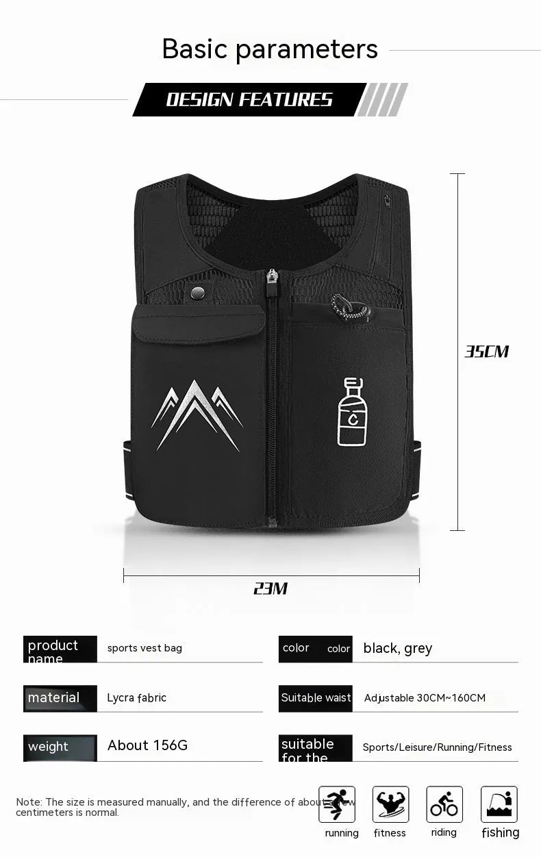 Classic black running vest with integrated phone pocket and detachable 500ml water kettle on a manikin.