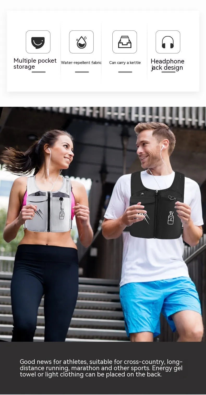 Classic black running vest with integrated phone pocket and detachable 500ml water kettle on a manikin.