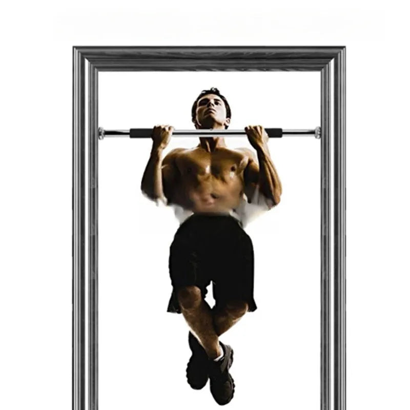 Steel adjustable pull-up bar mounted in a door frame for home fitness workouts