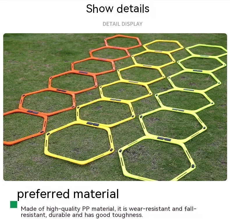 Six foldable hexagon football agility training rings in yellow, green and orange colours