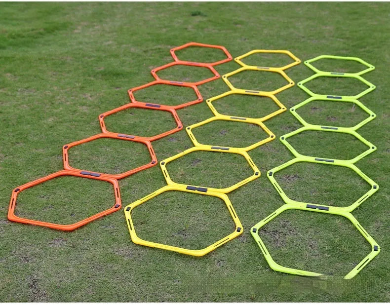 Six foldable hexagon football agility training rings in yellow, green and orange colours
