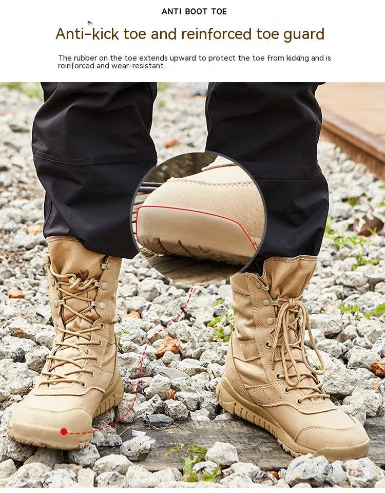 Yulong tactical combat desert boots in black and sand colour options for outdoor sports.